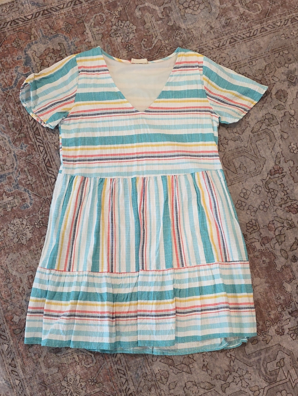 Altar'd State Striped V‑Neck Casual Dress in Aqua, Yellow, Coral